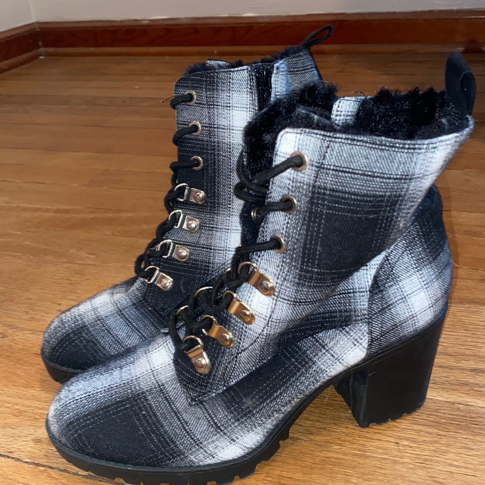 Plaid lace up booties